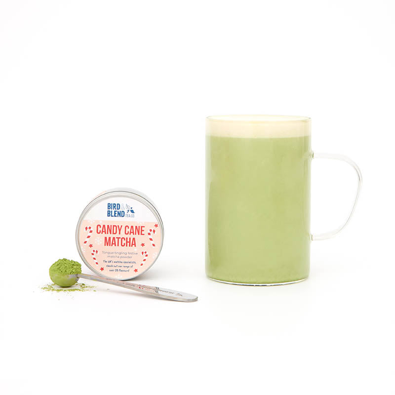 candy cane matcha latte with tin