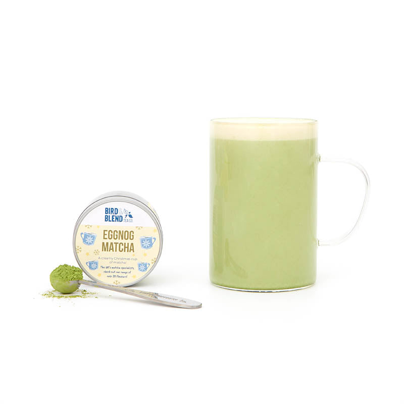 eggnog matcha latte with tin