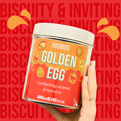 golden egg tea tin biscuity and inviting