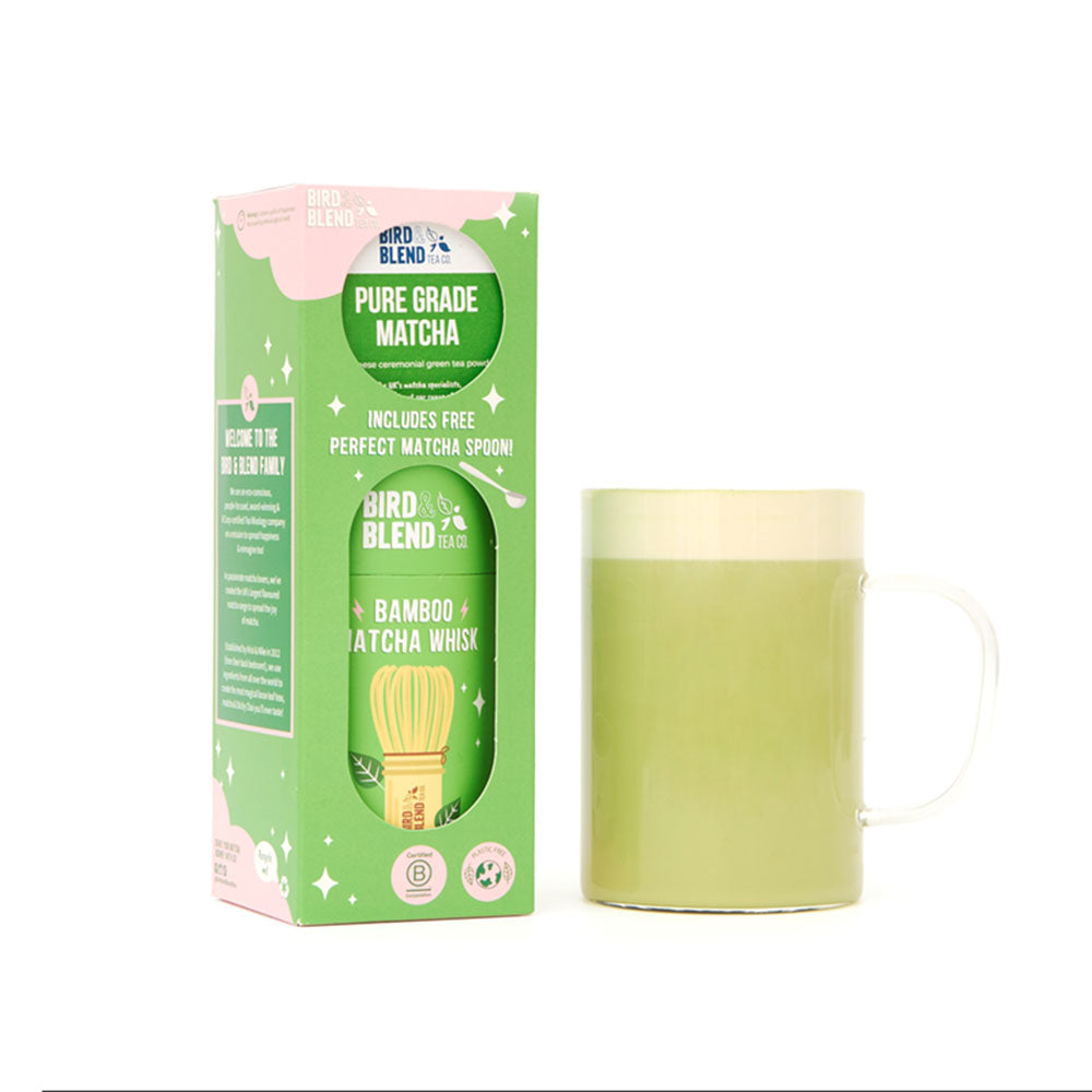 matcha starter kit with hot cup of matcha