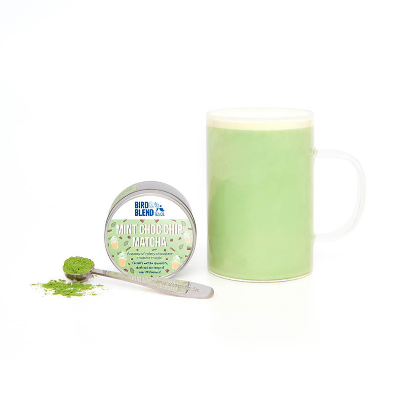 mint choc chip matcha tin with mug