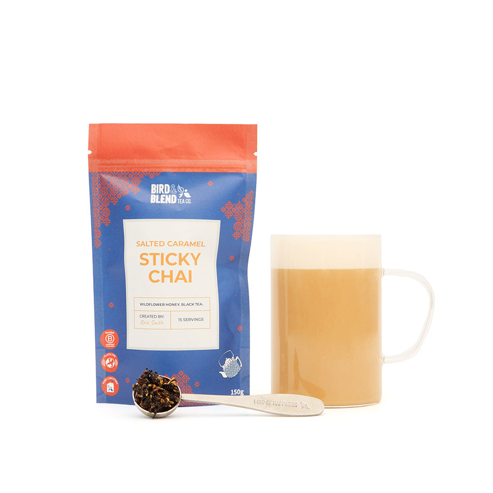 salted caramel sticky chai tea pouch with spoon and hot tea