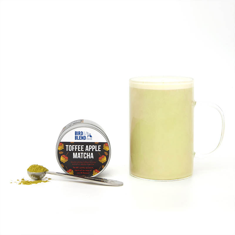 toffee apple matcha tea tin with drink